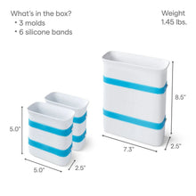 Freezer food block maker molds set showing small and large white containers with blue bands