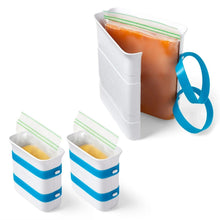 Freezer food block maker set with white molds, blue silicone bands, and green-striped seals