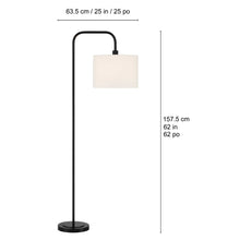Black floor lamp with arched metal frame and rectangular white shade