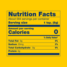 Yellow mustard Nutrition Facts panel with 0 calories per 1 tsp (5 g)