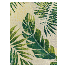 Indoor/outdoor rug square design with green palm leaves on light cream base.