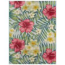 Indoor/outdoor rug, rectangular tropical floral design with pink and yellow flowers on blue