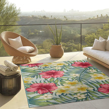 Indoor/outdoor rug with tropical floral pattern, pink and yellow blossoms on light blue