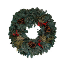 Fresh 22-inch noble fir mixed wreath with pinecones and red plaid bow