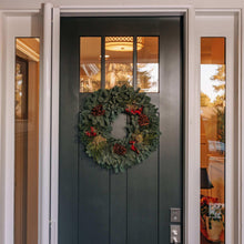 Fresh 22-inch noble fir mixed wreath with red bow and pinecone accents