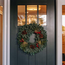 Fresh 22-inch noble fir mixed wreath with red ribbon bow and pinecone cluster