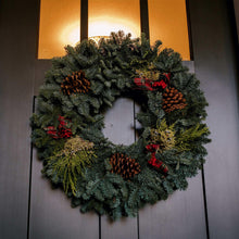Fresh 22-inch noble fir mixed wreath with plaid bow, pinecones, and gold accents