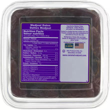 Medjool dates package with nutrition facts and ingredients label on clear lid