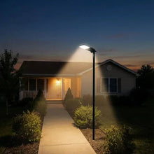 Solar area light on black pole with motion-sensor lamp head, bright white glow