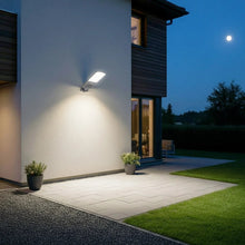 Wall-mounted solar area light with rectangular LED panel and motion sensor