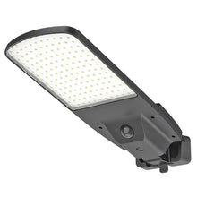 Solar area light with rectangular LED panel, black housing, and round motion sensor