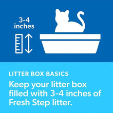Litter box basics diagram: fill tray with 3-4 inches of Fresh Step