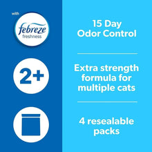 Cat litter info panel: Febreze freshness, 15-day odor control, 2+ strength