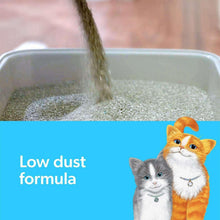 Low-dust clumping cat litter pouring from scoop