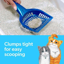 Cat litter scoop filled with light clumping litter granules
