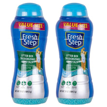 Two Fresh Step litter box deodorizing crystals bottles in blue