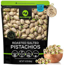 Resealable bag of roasted salted pistachios with green kernels in pale shells