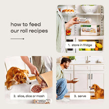 Dog eating sliced chicken recipe rolls from a feeding tray