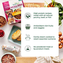 Small dog chicken recipe roll pack with nutrition icon panel