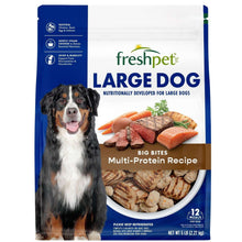 Freshpet Large Dog dry dog food bag with dog photo and multi-protein ingredients graphic