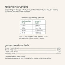 Feeding instructions and guaranteed analysis table with protein, fiber, and moisture.