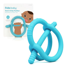 Teething ring toy with grip handle, teal-blue multi-texture teether loops