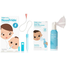 Nasal aspirator and saline mist inhaler kit with tube, blue mist bottle, and cone tip