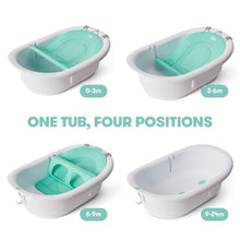 White baby bathtub with teal sling in four adjustable positions