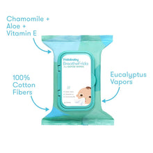 Teal vapor wipes pouch with ingredient callouts: chamomile, aloe, vitamin E