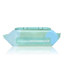 BoogerWiper wipe container in clear teal packet, teal lid top, blue side corners