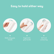 Baby rinse cup with easy-grip ergonomic handle shown in multiple hand positions