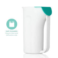 White baby bath rinse cup with teal perforated shower head and curved handle