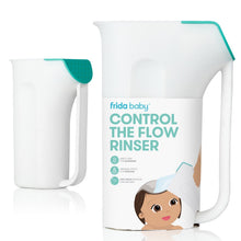 Baby bath rinse cup with easy-grip handle and teal rain shower head, white