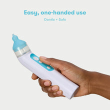 One-handed electric nasal aspirator with blue nozzle and white handheld body