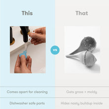 Nasal aspirator cleaning comparison showing brush and blue tip parts
