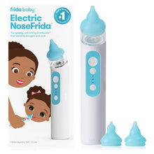 Electric nasal aspirator with white body and blue cone tip, plus two silicone tips