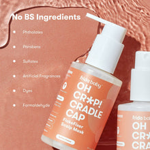 Frida baby cradle cap mask bottles with 'No B.S. ingredients' callouts