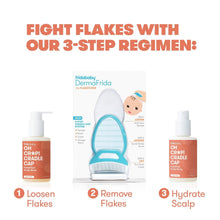 3-step cradle cap regimen display with two bottles and baby accessory, centered