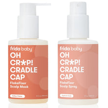 Cradle cap treatment set, two white pump bottles with orange and peach labels
