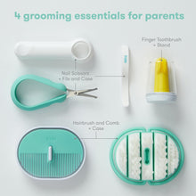 Baby grooming essentials set with finger toothbrush, nail scissors, hairbrush and case