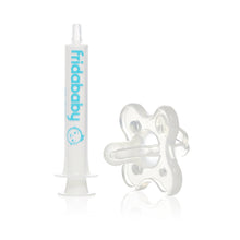 Baby medicine dispenser syringe with pacifier tip, clear parts with blue logo