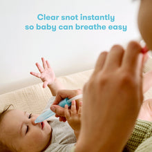 NoseFrida nasal aspirator with clear nozzle and blue tube used near baby’s nose