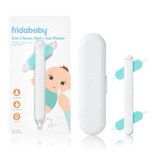 Baby 3-in-1 nose, nail, and ear grooming picker set with white and teal handles
