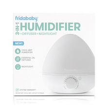 Humidifier product box with a large round white device image and cool mist, diffuser, nightlight icons