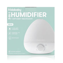 Humidifier product box in teal with a round white device image and feature icons