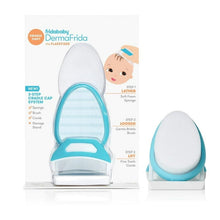 Cradle cap flake-fixing sponge with blue handle and stand