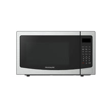 Countertop microwave oven, stainless steel with black glass door and control keypad.