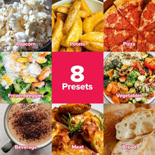 Microwave preset food selection collage with popcorn, potato, pizza, vegetables, meat and bread