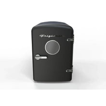 Frigidaire mini retro fridge cooler, black, front door with circular handle