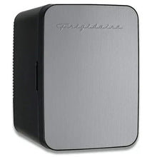 Compact stainless mini fridge cooler with brushed-metal front and black side panel